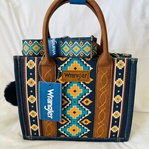 Wrangler Geometric Blue and Brown Tote Bag